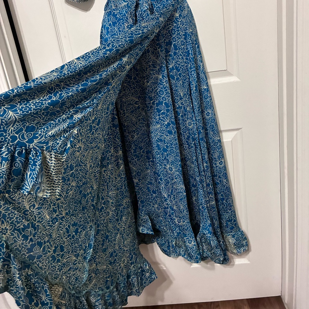 Blue Floral Maxi Skirt with Ruffled Hem - Women's Flowing Skirt